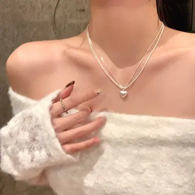 Double-layer brushed love pendant necklace, sparkling - 7