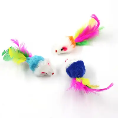 Colorful Feather Plush Mouse Cat Toy with Plastic Body - 4