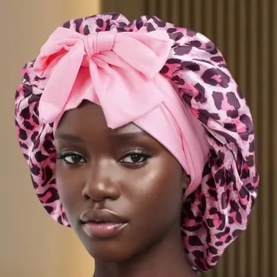 Leopard Print Drawstring Sleep Cap with Wide-Brim Beauty Hair Care Hat - 10
