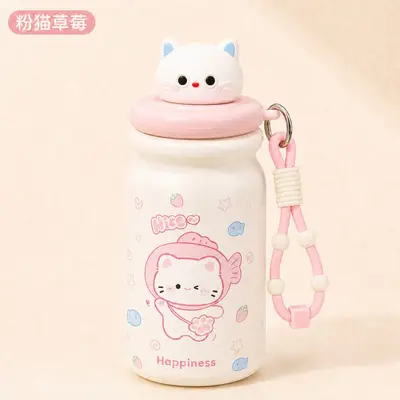 Sevimli KT Kedi Desenli 316 Paslanmaz Çelik Termos Bardak, Çay Bölmeli, Pipetli, 500 ml - 9