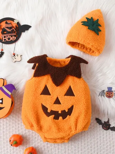 Halloween bebek kostümü, kolsuz balkabağı tulum ve şapka