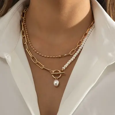 Grenzüberschreitender Schmuck aus Europa und Amerika, modische lange Perlenketten-Stacking-Halskette, Retro-Stil personalisierte Perlenunkraut-Spange Halskette - 7