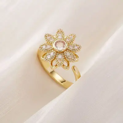 Sınır Ötesi Döner Yüzük Bakır Mikro Swarovski Zirkon Zarif Çok Amaçlı Tam Taşlı Yuvarlak Çiçek Dönerli Anksiyete Giderici Yüzük - 10