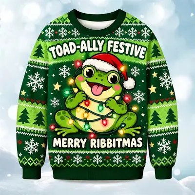 Weihnachtspullover mit Rundhals, Frosch- und Rentiermotiv - 9
