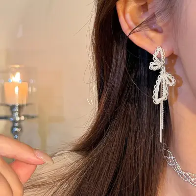 Exquisite French Bow Butterfly Earrings Women's Luxury Premium Elegant Temperament Niche Design Long Tassel Ear Accessories