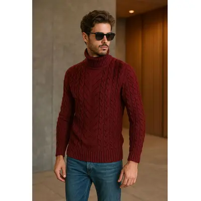 Herren-Rollkragenpullover im Zopfmuster, große Größen, einfarbig, Wolle - 8