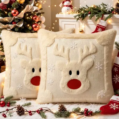 Amazon Weihnachts-Kissenbezug gesteppt kreativ Feiertagsatmosphäre Plüsch-Dekokissen Wohnzimmer Sofa Schlafzimmer Rückenkissen