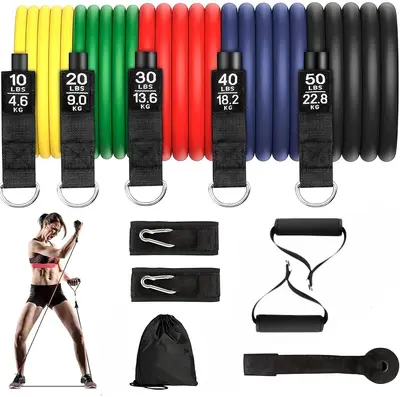 Resistance Band Set with Fitness Rope Pull-Up Assist Bands, D-Ring Equipment, Yoga Pull Rope, Fitness Bands, Stretching Band, 11-Piece Set