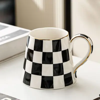 Ceramic Mug Black and White with Gold Rim Checkered Stripes Polka Dots