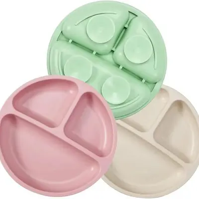 Food-Grade Silicone Baby Divided Plate with Lid, 3 Compartments, Suction Base