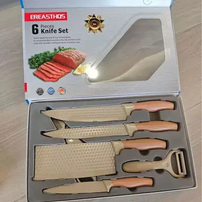Paslanmaz çelik bıçak seti 6 parça, ahşap desen sap - 8