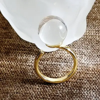 Natural Brazilian White Crystal Ring, 14 Large Stones, Adjustable - 7