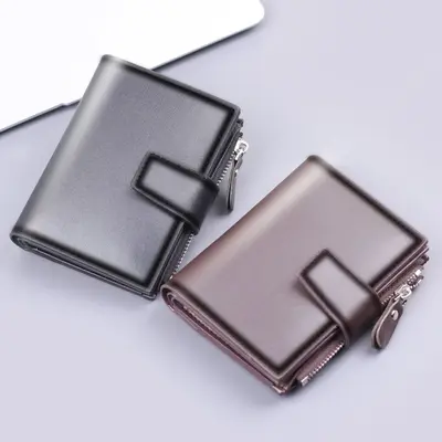 Men's Short Wallet, Vertical Design, Snap Button, Leather