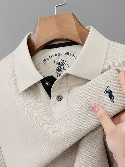 Men's Long Sleeve Pure Cotton Embroidered Polo Shirt