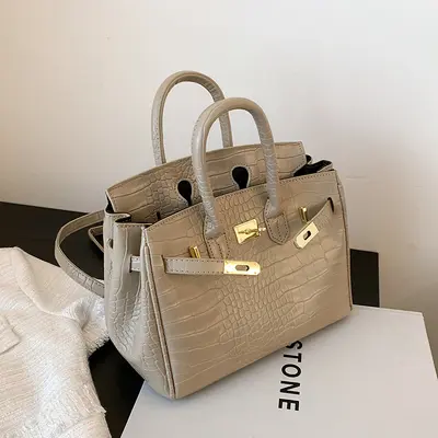 Crocodile Pattern Women's Kelly Handbag, Large Structured Bag - 8