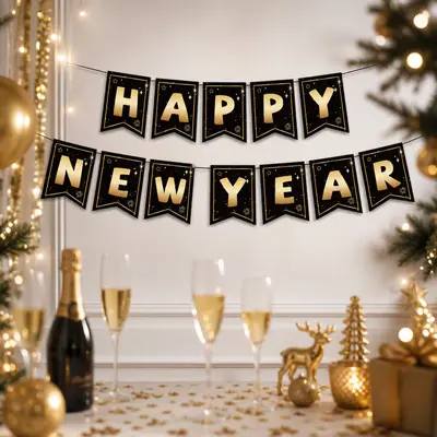 Black and Gold New Year Party Decoration Set with Tablecloth, Banner, Pull Flags and Ballo - 4