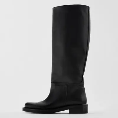 Women's Full Cowhide Knee-High Boots, Mid Heel, Round Toe, Plus Size - 7