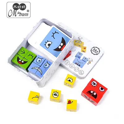Holzgesicht-Verwandlungs-Rubik-Würfel Brettspiel Bausteine für Kinder, bunter großer Metallkasten Puzzle, Familie Denk-Lernspielzeug - 5