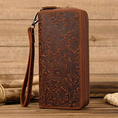 Men's Crazy Horse Leather Long Wallet with Zipper, Double-Layer Cowhide - 4