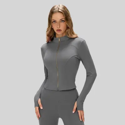 Golden Zipper Yoga Jacket, Long Sleeve Stand Collar, Slim Fit - 10