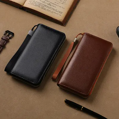 Men's Long Zipper Wallet with Multiple Card Slots, Solid Color