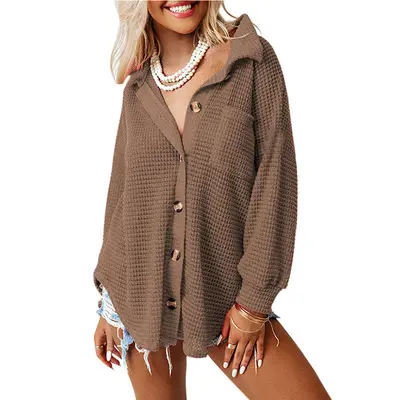 Women's Loose Waffle Knit Shirt for Autumn Winter, Casual and Office Wear - 4