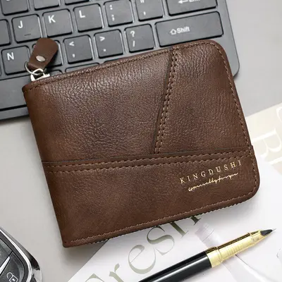 Men's Short Chain Wallet with Lychee Pattern Patchwork, Tri-fold Flap Coin Purse - 6
