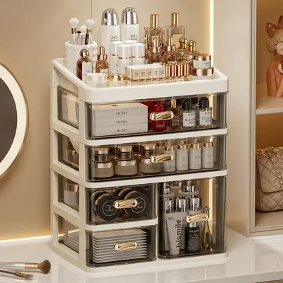 Dustproof large capacity vanity cosmetics storage organizer with drawers