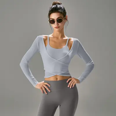 专业瑜伽服女套装长袖收腰显瘦运动健身两件套高级感普拉提带胸垫 - 9