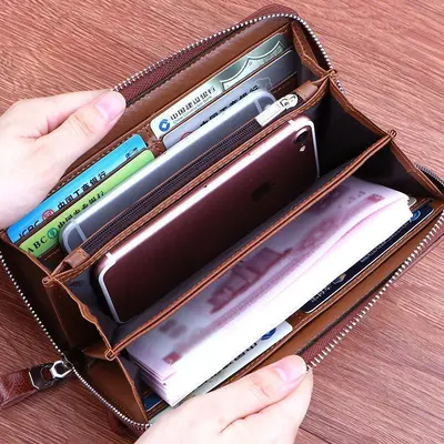 Men's Long Retro Wallet, Double Zipper, Phone Compartment - 5