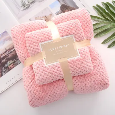 Korallenfleece-Handtuchset mit Mutter-Kind-Kombination und Bademütze - 7