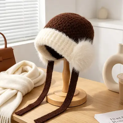 Thick Plush Knit Beanie for Women, Windproof with Ear Protection - 8