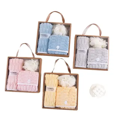 Geschenk-Handtuch-Set mit 3 Teilen, Business-Geschenk, Korallenfleece, weich und saugfähig, Haartrockenhut, Eröffnungsaktivität, Mitbringsel, Werbeartikel
