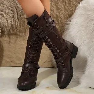 Women's Long Knight Boots with Buckle, Round Toe, Chunky Heel, Plus Size - 10