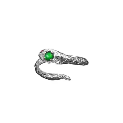 S925 Sterling Silver Snake Ring, Open Design, Jade Detail