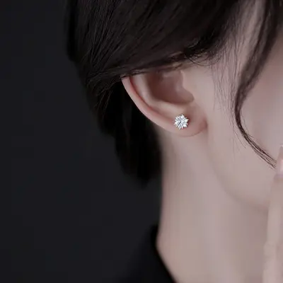 S999 Sterling Silver Snowflake Stud Earrings for Women - 2