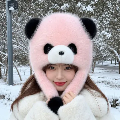 Kadın panda bere ve atkı 2'li set, kış, polar astarlı, rüzgar geçirmez - 4