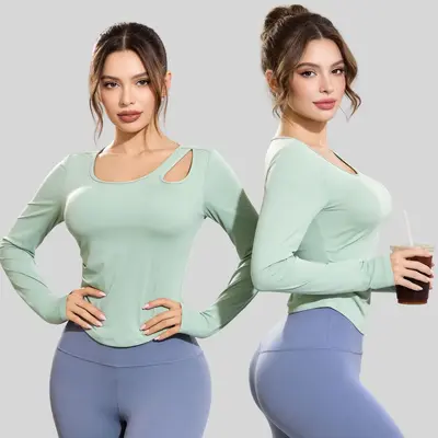 Women's Long-Sleeve Yoga Top, Off-Shoulder with Ruching, Slim Fit - 5