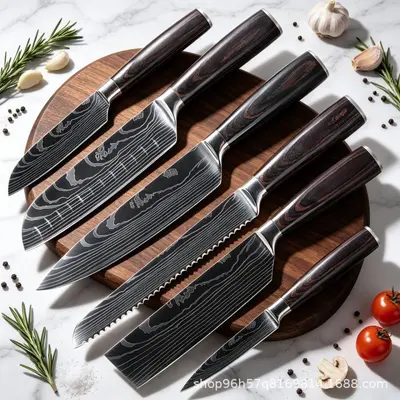 Şam deseni bıçak seti, renkli ahşap sap, şef, santoku