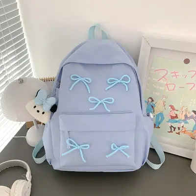 Korean Style Simple Girls' Bow School Backpack, Large Capacity with Laptop Compartment - 8
