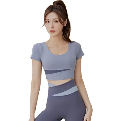 Women's Two-Piece Yoga Set with Fixed Chest Pad Short-Sleeve Top and Pants - 6