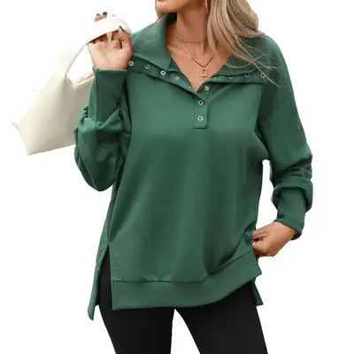 Women's Solid Color High Neck Button Long Sleeve Sweatshirt, Autumn/Winter 2026