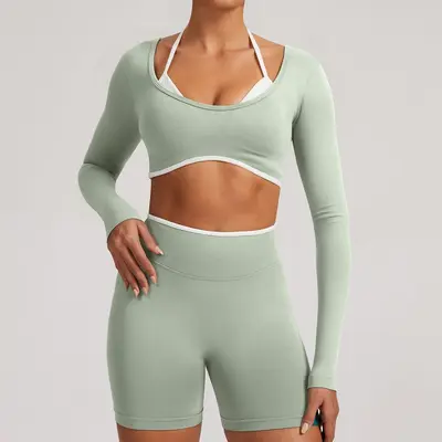Dikişsiz sahte iki parça kadın spor üstü, uzun kollu, koşu ve fitness - 7