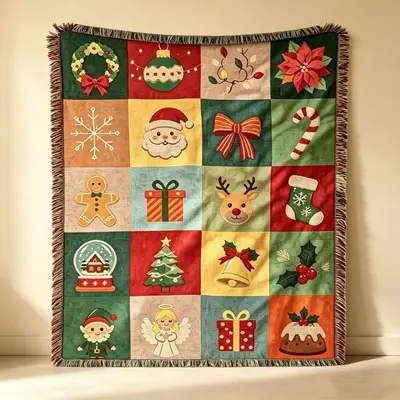 Vintage Christmas Patchwork Tassel Tapestry American Country Christmas Blanket Sofa Throw Christmas Holiday Decorative Blanket Tapestry