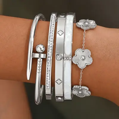Stainless Steel Gold Bracelet Set Four-Leaf Clover Diamond - 7