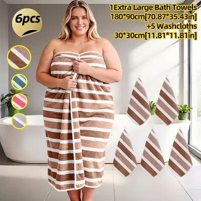 6er XXL Badetuch-Set mit breiten Streifen, 90x180 cm + 5 Handtücher