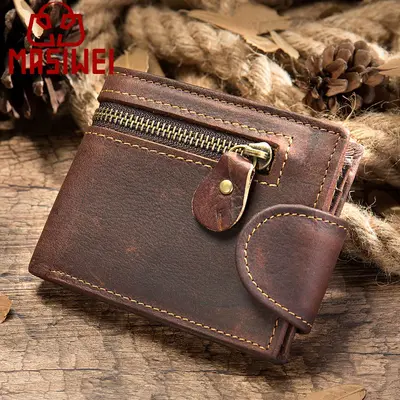 Crazy Horse Leather Men's Short Wallet, Genuine Top-Grain Cowhide