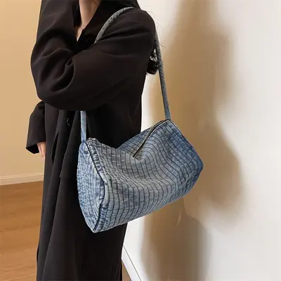 Damen-Umhängetasche aus Jeans mit Rautensteppung - 2