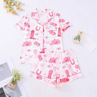 Cross-border export women's pajamas all year round denim print collar short sleeve shorts home wear women's pajamas