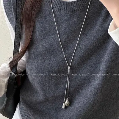 Tiger's eye water drop pull-through necklace, long design, women's accessory - 5